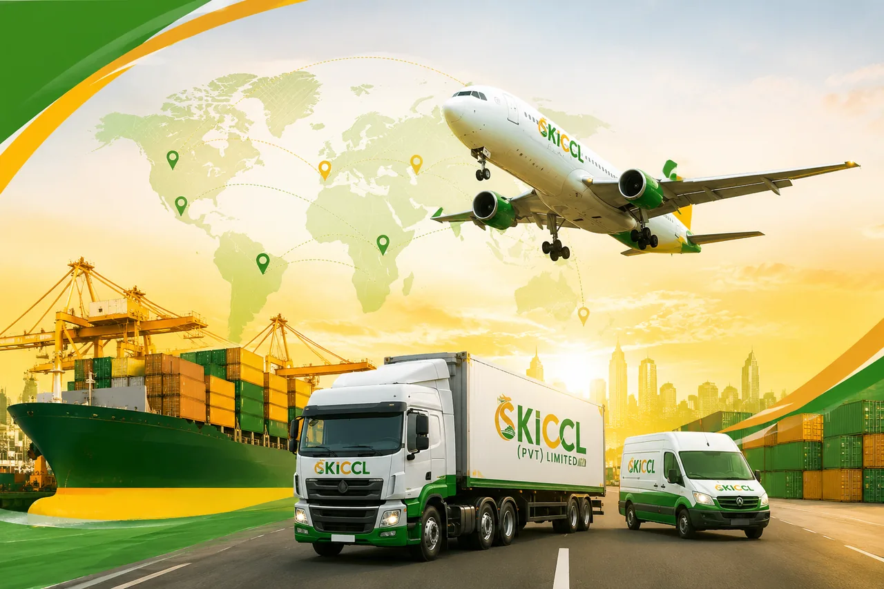 Branded SK ICCL logistics artwork with aircraft, cargo ship and delivery vehicles