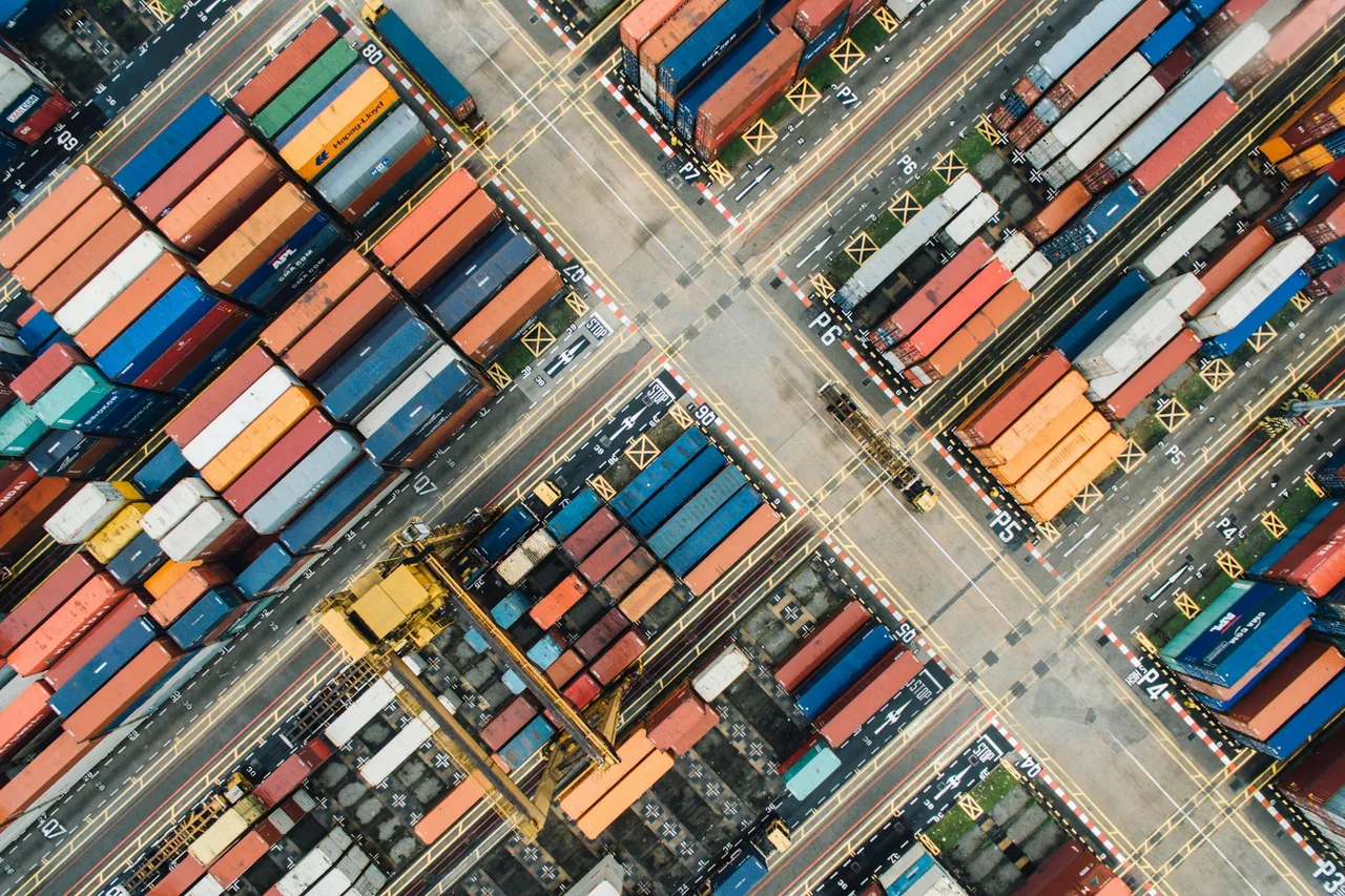 Aerial view of container handling at a cargo terminal