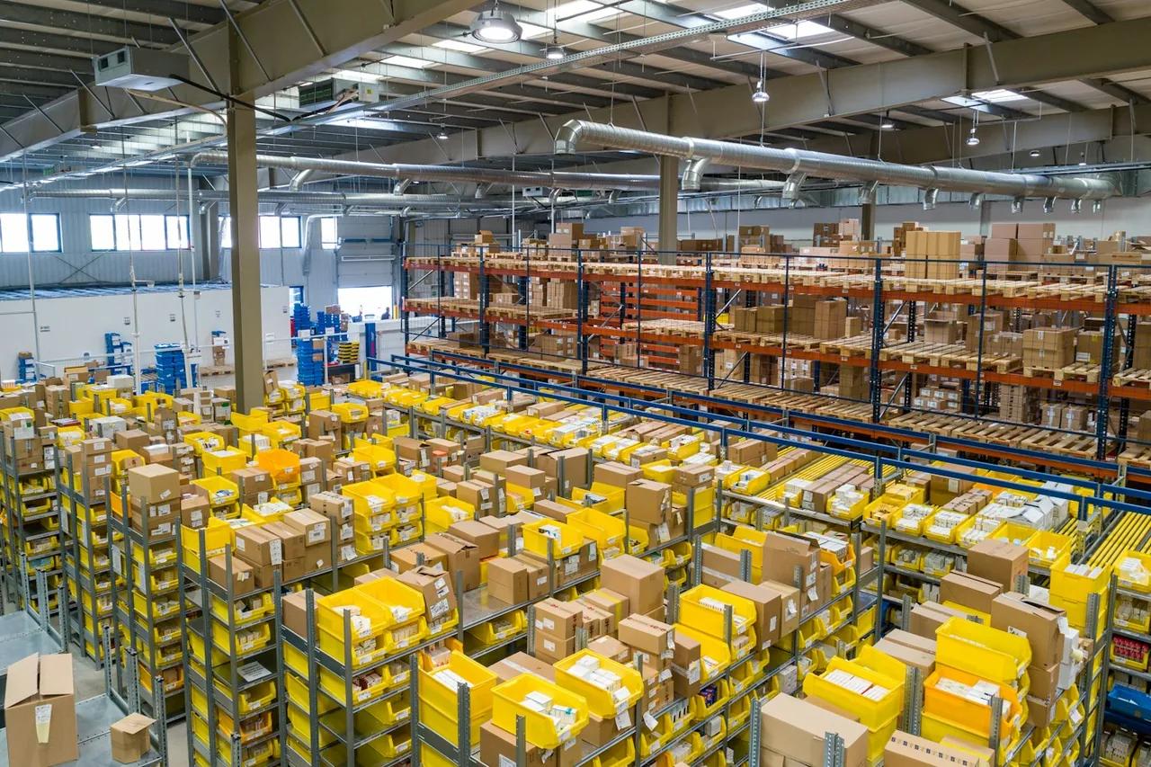 Illustrative warehouse with goods organised for handling